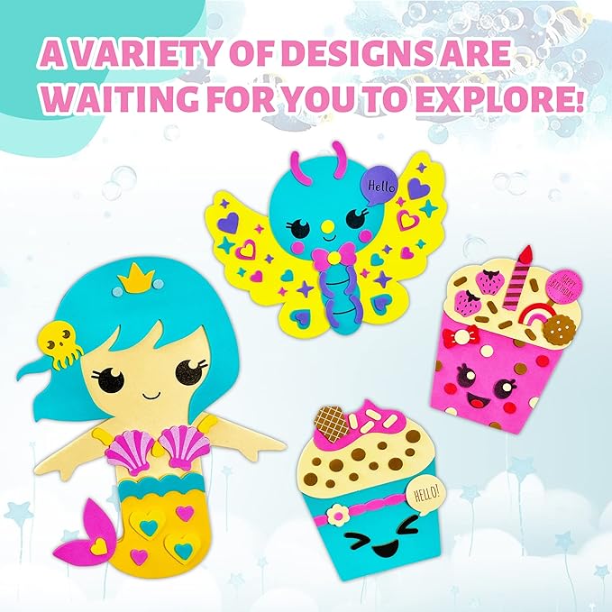 VKPI 4 Pieces EVA Foam Art Crafts Gift Kit, Creative Make Your Own Mermaids, Cartoon Foam Paper Craft Projects for Kids Ages 4+ Toddler, Preschool Learning Toy for Birthday Party Favor Supplies
