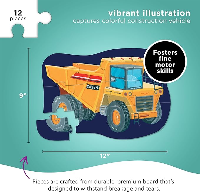 Crocodile Creek 12-Piece Mini Jigsaw Puzzle - Fun Floor Puzzles for Kids Ages 2-4 and Up - Heavy-Duty Shaped Box for Storage - Construction Zone with Dump Truck - 12" x 9" Finished