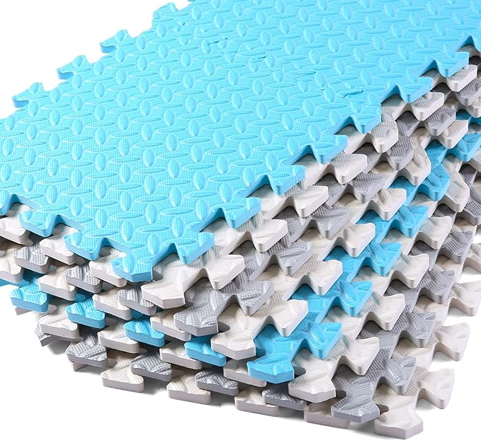 Foam Floor Mats for Kids, 12 x 12 Inch 16 Tiles 0.4" thickness Foam Play Mat, Non-Toxic Square Interlocking Floor Mats Rubber Baby Play Mat for Toddlers(White/Gray/Light Blue)