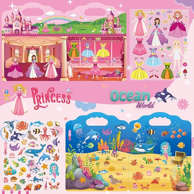 6Set Reusable Sticker Books for Toddlers 2-4 Years, Toddler Sticker Books Ages 1-3, Kids Puffy Activity Book Set Include Animal,Farm,Princess,Vehicles,Ocean,Dinosaurs