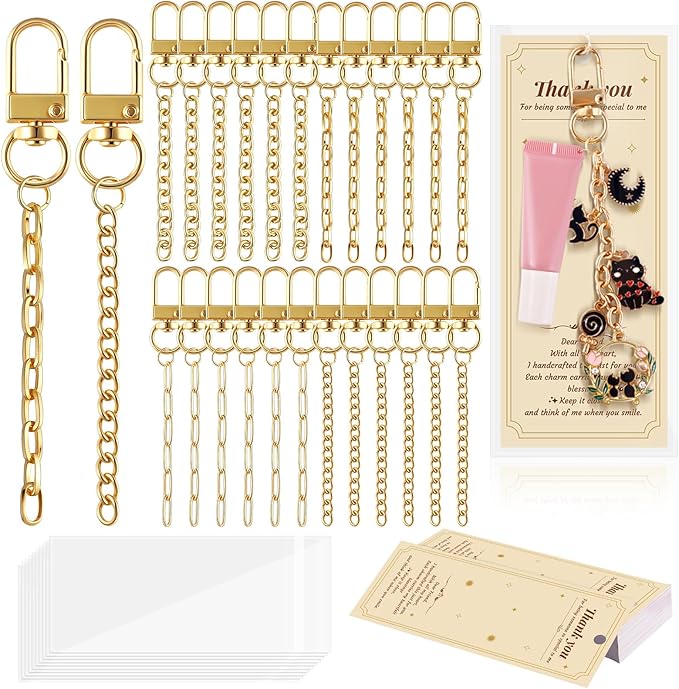Wurosi 24 Set Lip Gloss Keychain Making Kit, Gold Keychain Clips Hooks with Extender Chain, Cellophane Bags, Thank You Cards, 5M Hemp Rope, for DIY Key Chain Making Crafts