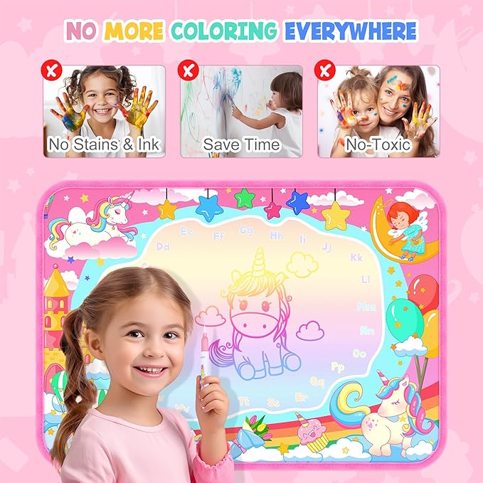 Water Doodle Mat, Unicorn Drawing Mat for Toddlers, Kids Water Painting Pad Coloring Board Set, Art Supplies for Toddlers, No Mess Crafts Birthday Christmas Gifts for Girls Ages 3 4 5 6 7 8