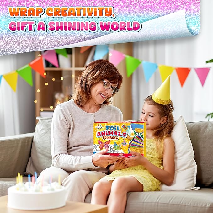sinceroduct Foil Art Kit for Kids, Foils Arts and Crafts for Kids Age 4-8,Travel Toys Supplies,Foil-Foam Stickers,Birthday Gifts for Boys & Girls,Mess Free Coloring Card Set.