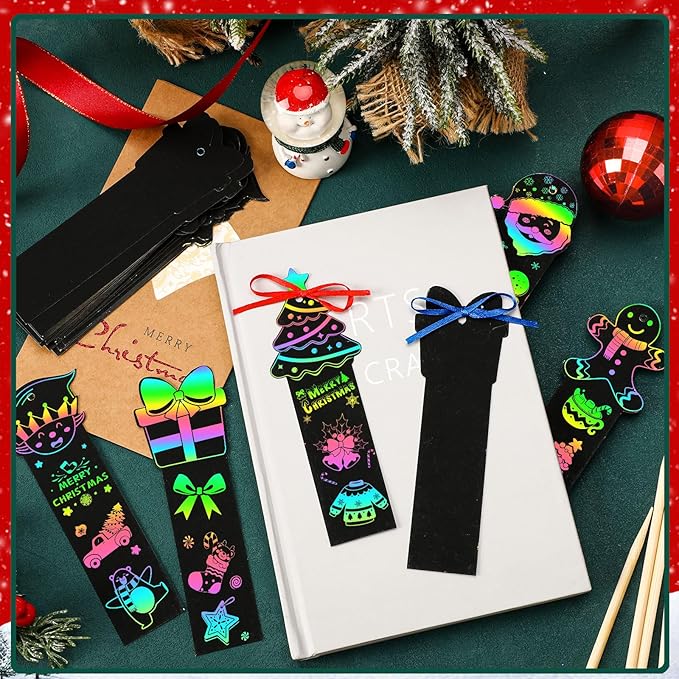 AUGSUN 96Pcs Christmas Scratch Bookmarks, Cute Tree Santa Snowman DIY Crafts Kit Rainbow Magic Scratch Paper Art for Xmas Hanging Ornaments Party Favors
