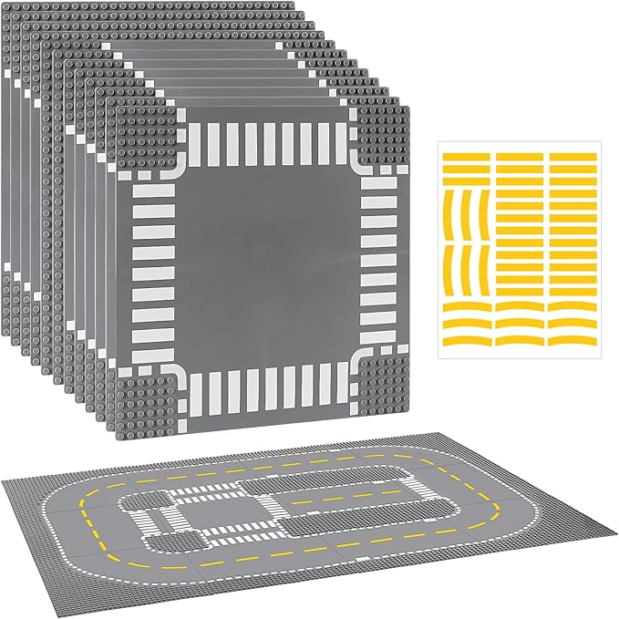12 Pack Road Base Plates for Building, Compatible with Lego Classic Bricks, 10” x 10” Baseplates Fits for Lego Roads, Road Base Plates for City Sets (Attached DIY Stickers)