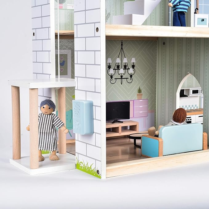 Giant bean Large Pink Wooden Dollhouse with Furniture for Girls with Doorbell, Light,Elevator, 6 Rooms 2.6ft High,15 Pcs Furniture & 3 Dolls, Kids Playhouse Toy for Girls 3-7+, 31.5" x 25" x 12.2"