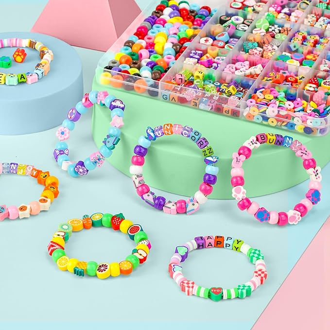 Gionlion 1200 Pcs Polymer Clay Beads Bracelet Making Kit, 25 Style Animal Fruit Flower Butterfly Bunny Pony Letter Beads Charms for Jewelry Making, DIY Art and Crafts Toys Gifts for 4+ Year Old Kids