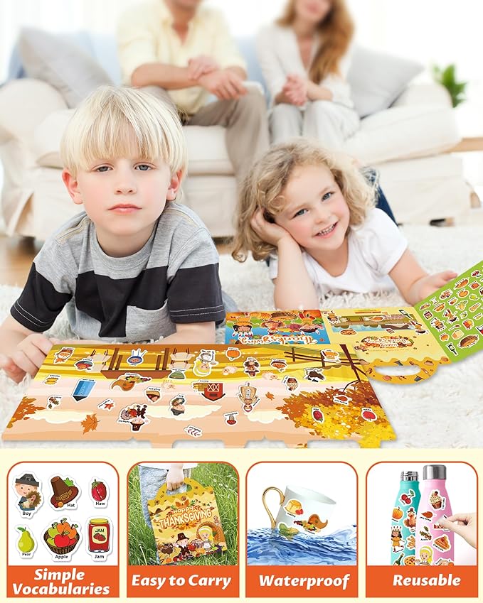 Reusable Sticker Book for Toddlers 2-4 Years, Stickers for Kids, Toddler Sticker Book Ages 1-3, Toddler Craft Activities, Toddlers Travel Toys Ages 2+ Boy Girl Birthday Gifts - Thanksgiving
