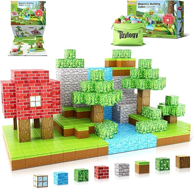 Magnetic Blocks-Build Mine Magnet World Edition, Magnetic Toys for Boys & Girls Age 3-4 4-5 6-8,STEM Montessori Sensory Toys for Toddlers Gifts for 3+ Years Old,48PCS Fidget 1" Cubes Construction Toy