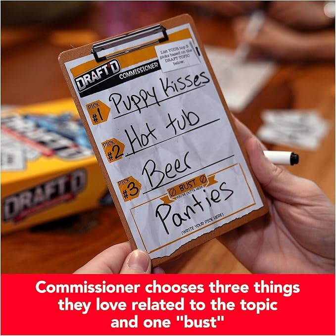 Spin Master Games, Draft’d, Competitive Drafting Party Game with Hilarious Prompts for College Nights, Football Watch Parties, Happy Hour Activity, for Teens & Adults, 3-5 Players, for Ages 14 & Up