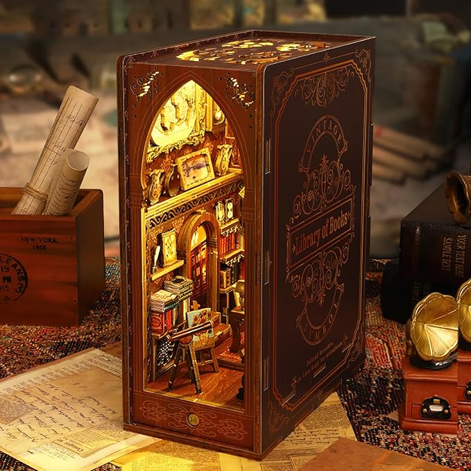 Book Nook Kit, DIY Dollhouse Booknook Bookshelf Insert Decor Alley, DIY Book Nook Miniature Kit with Lights, 3D Wooden Puzzle Decorative Bookend Miniature Model Kits for Kids/Adults