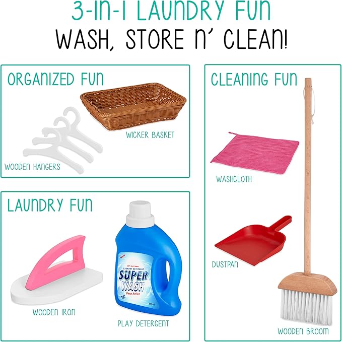 Lil’ Jumbl Kids Washer and Dryer Playset, Wooden Children's Pretend Laundry Set, Includes Broom, Dustpan, Iron, Hangers & Basket, Realistic Laundry Room for Kids - Pink