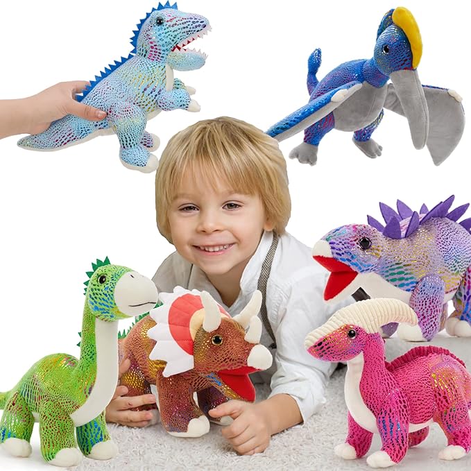 MaoGoLan 6 Pack Dinosaur Stuffed Animals Bulk 12in Dinosaur Plush Toy Collectible Dino Squad (T-Rex Velociraptor Stegosaurus Triceratops Pterodactyl), Kids Girls Boys Christmas