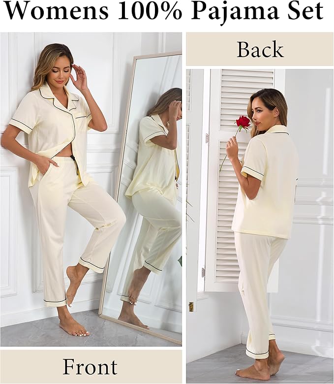 CF Womens 100% Cotton Pajamas Set Button Down Pjs Sets Short Sleeve Top & Long Pants Sleepwear Comfy Loungewear with Pockets