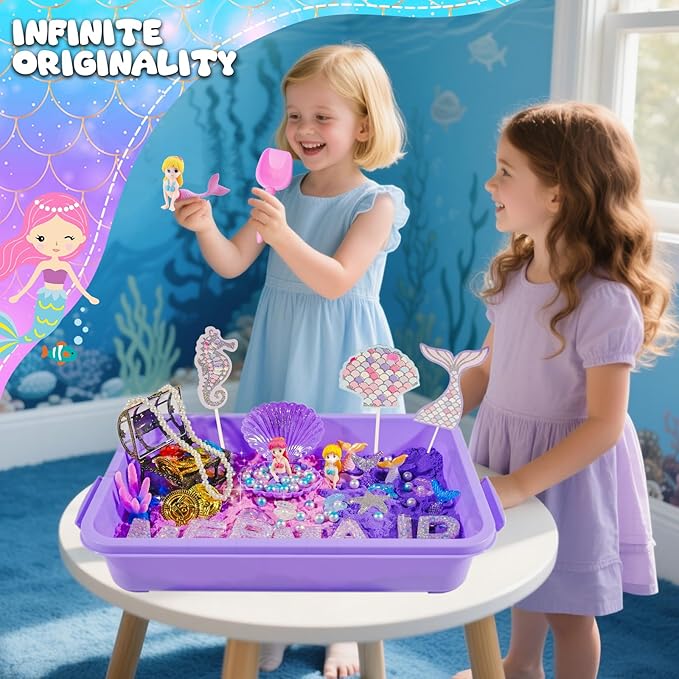 Bbiamsleep Mermaid Sensory Bin, Ocean Sand Kit with Color Sand Mermaid Sensory Kit for Birthday Party