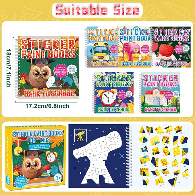 6Pcs Back to School Paint by Sticker Books Back to School Sticker by Number Books Activity Book Puzzle Book Craft Art Gift with School Bus Apple Owl Alarm 48 Pictures Party Favors