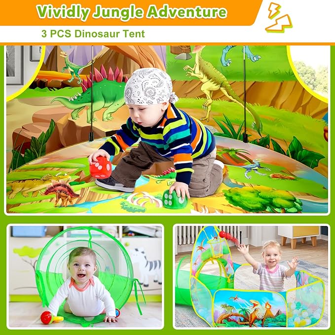 3pc Dinosaur Play Tent for Boys with Ball Pit, Crawl Tunnel, Play Tents for Toddlers, Baby Space World Playhouse Toys, Boys Indoor& Outdoor Play House, Perfect Kid’s Gifts