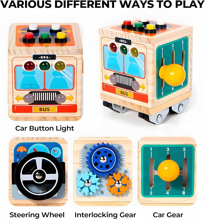 Wooden Activity Cube for Baby,Bus Busy Cube Montessori Travel Toys for Toddler 1 Year Old