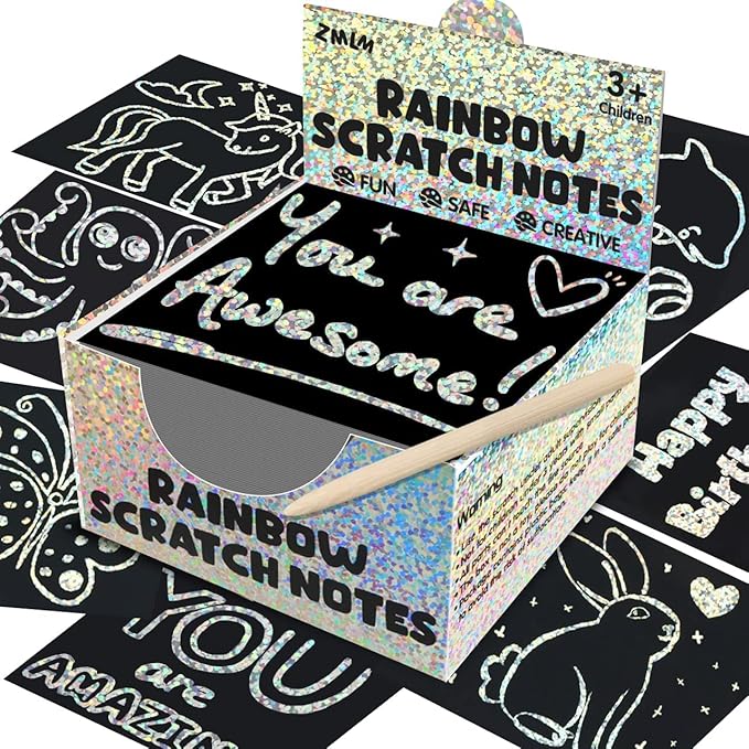 ZMLM 165 Rainbow Scratch Paper Art Crafts Mini Notes Kids Gifts 4 5 6 7 8 9 10 Years Old Girls Boys Students Teens Classroom Prizes School Supplies Birthday Party Travel Toy Activity (Silver)