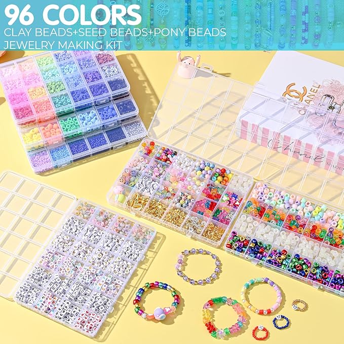 SJZWSD Friendship Bracelet Making Kit– 6 Boxes of Pony, Seed, Clay & Letter Beads, UV Glow in The Dark Beads, Tools & Charms – Jewelry Craft Kit for Kids & Adults