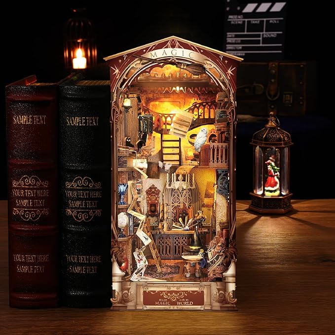 Book Nook Kit, DIY Dollhouse Booknook Bookshelf Insert Decor Alley, DIY Book Nook Miniature Kit with Lights, 3D Wooden Puzzle Decorative Bookend Miniature Model Kits for Adults