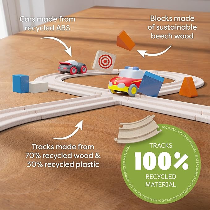 HABA Cars - My First Racetrack, 27 Piece Sustainable Kids' Race Track Set, Battery-Free Push and Go Cars, Ideal STEM Toys for Toddlers Ages 2+