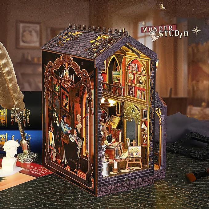 DIY Book Nook Kit - DIY Miniature Dolls House Kit with Furniture and LED Light, 3D Puzzle Wooden Art Bookends, Model Kits for Adults to Build (Wonderful Studio)