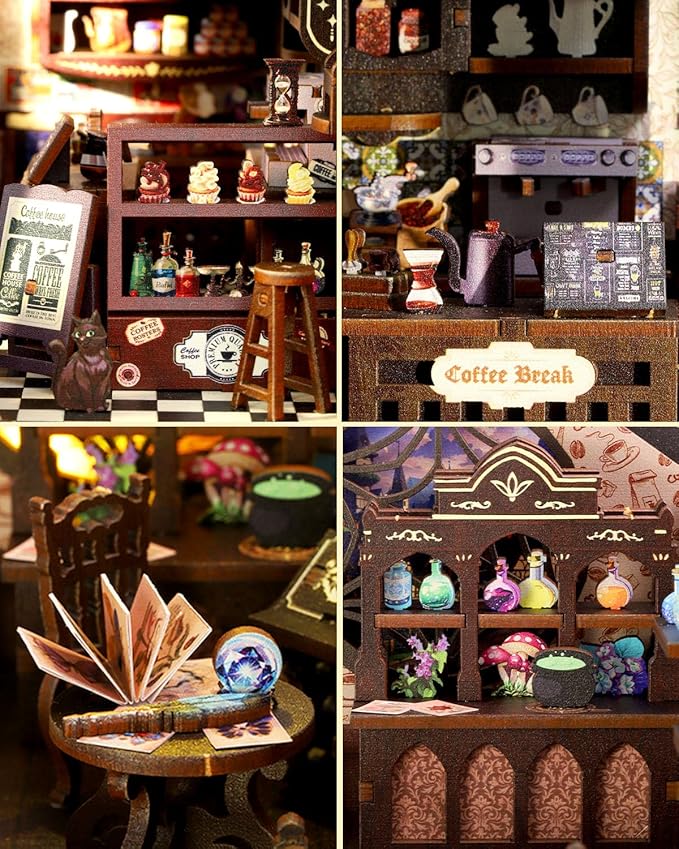 Book Nook Kit Magic Coffee Shop, DIY Miniature House with LED Lights, 3D Wooden Puzzle for Adults & Teens, Bookshelf Decor Craft Gift for Family & Friends