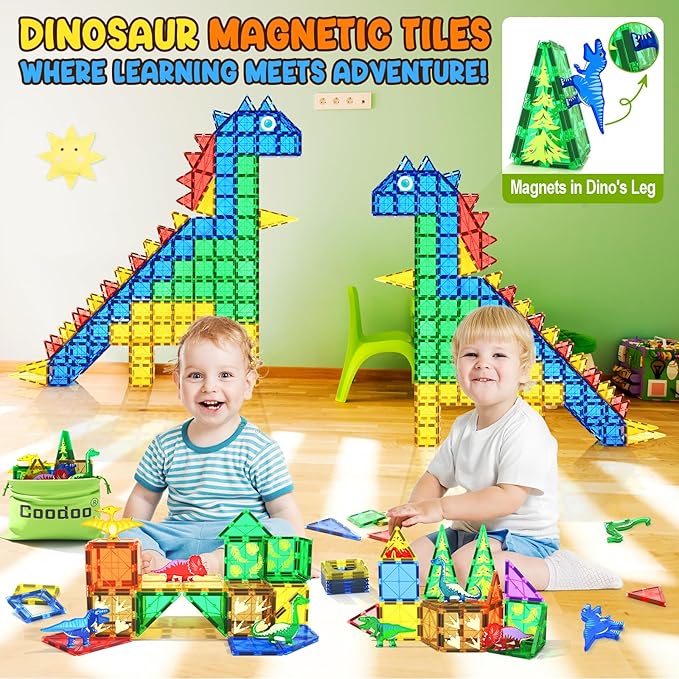 Dinosaur Toys Magnetic Tiles - Magnet Building Blocks for Toddler Kids Toys STEM Sensory Outdoor Toy for 3+ Year Old Boys and Girls, Dinosaur World Creative Games Kids