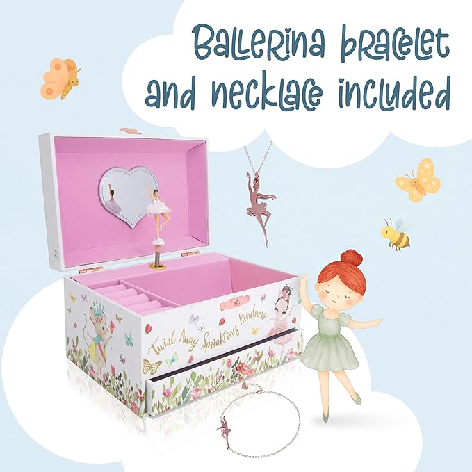 The Memory Building Company Ballerina Musical Jewelry Box, Classic Melody, Storage Organizer Kids Ages 6-12, Wood Construction w/ 2 Compartments