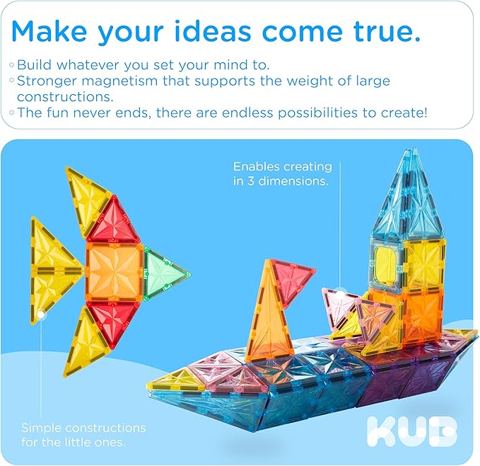 KUB 121 Pcs Magnetic Tiles Creative Toys, 3D Building Magnet Blocks Set, STEM Educational Kids Gifts for Boys Girls Over 3 Years Old, Montessori Preschool Learning
