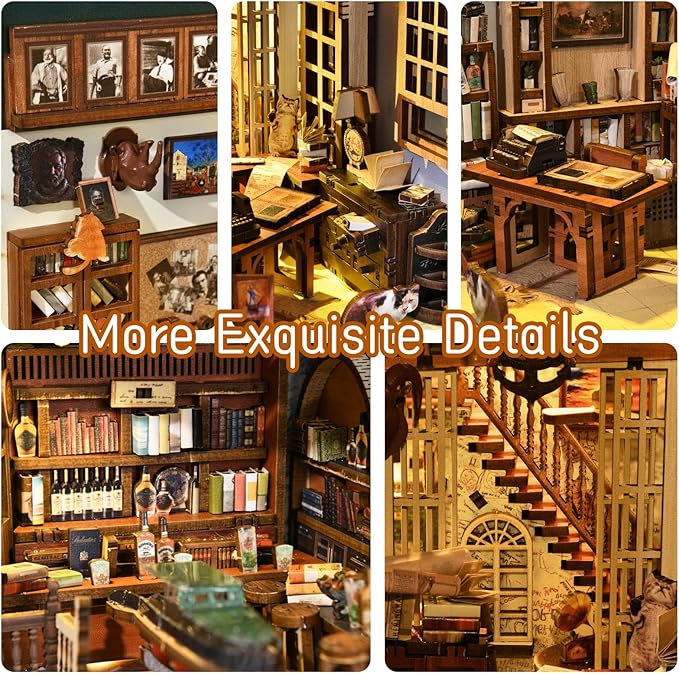 Book Nook Kit, DIY Dollhouse Booknook, Book Nook Miniature Kit for Bookshelf Insert Decor Crafts for Adults Teen Halloween, 3D Wooden Puzzle with Led Light (Hemingway House)