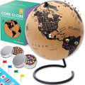 Large Cork Globe 12.6" Tall | World Travel Map with Metallic, Colored & National Flags Push Pins | 3D World Map Pin Board for Home or Office | Unique Gift for Travelers, Couples & Families