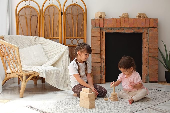 PlanToys Wooden Stacking Rings Baby Toy - Sustainably Made from Rubberwood Featuring Organic-Pigment Coloring and Water-Based Dyes with Collapsible Central Rod for Safety