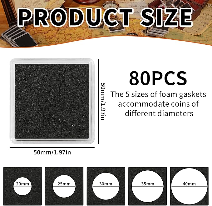 Uncle Paul 80 PCS Coin Capsules, Coin Snap Holders with 5 Sizes Black Gaskets 20/25/30/35/40mm, Clear Coin Cases for Coin Collection Supplies Silver Dollar Pounds Cents