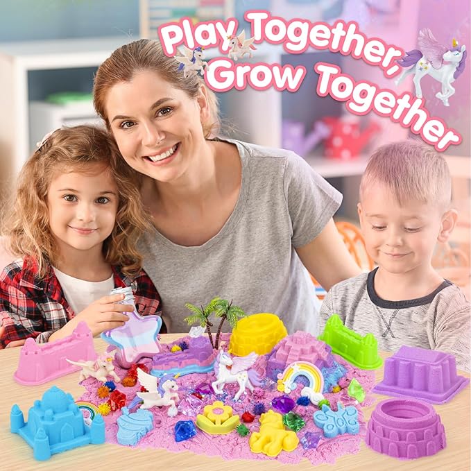 snookids 162Pcs Sensory Bin Magic Sand with Natural Beeswax 690g, Play Sands, Sensory Toys 24 Molds, 3 Unicorns, Sandbox with Lid, Educational Toys and Christmas Gifts for Children 3+