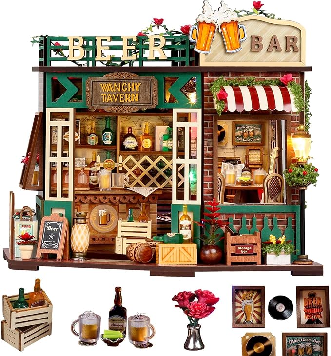 Miniature House Kit – Vanchy Tavern, DIY Wooden Dollhouse for Adults with LED & Furniture, Tiny House for Teens Families Friends