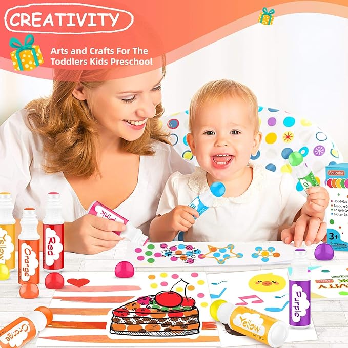 Soucolor Washable Dot Markers for Toddlers Kids Preschool, 10 Colors 2 oz Bingo Daubers Paint Markers Set with 48 Pages Tearable Activity Book for Toddler Arts and Crafts Kits Supplies, Water-Based