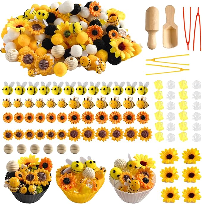 196 Pcs Sensory Bin Filler, Fine Motor Toys Bee Themed Sensory Bin Items Counting Sorting Toy Colorful Pom Poms Cup Bee Honeycomb Wooden Scoop for Preschool Education Activities