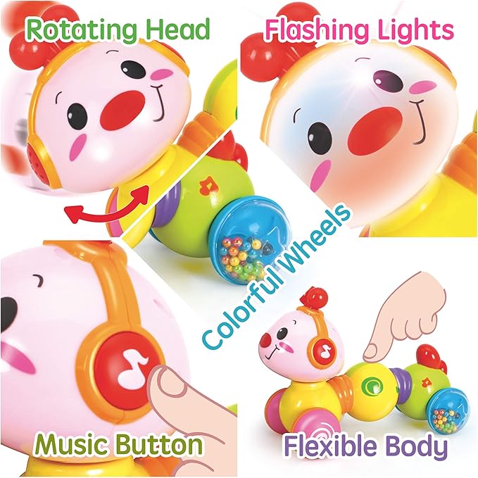 Stone and Clark Musical Press & Go Caterpillar Toy, Baby Toys 6 to 12 Months, Light Up Head Inchworm Infant Toys, Baby Crawling & Educational Toys for 1 Year Old Boys & Girls