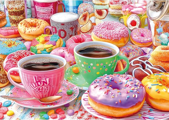 500 Pieces Puzzles for Adults Colorful Donuts Coffee Jigsaw Puzzle Letter on Back No Dust Difficult Unique Family Challenging Food Puzzles Gift Toy for Adults Seniors Perfect for Game Nights （23"x15"）