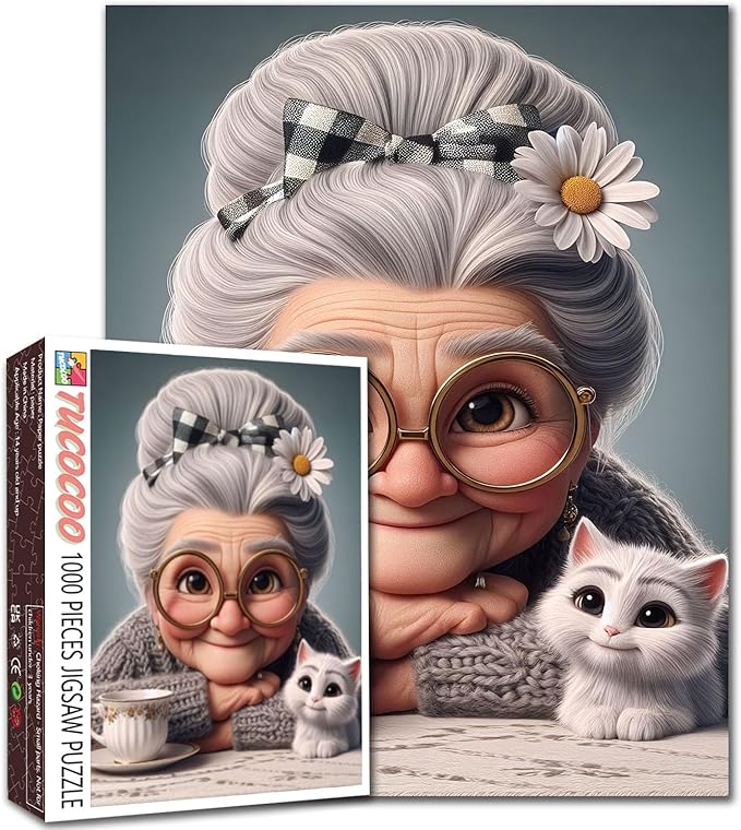 Sweet Grandma 1000 Piece Jigsaw Puzzles for Adults Kitten and Teacup Jigsaw Puzzle for Challenging Family Activity Game Granny Tea Time Artwork Puzzle for Home Decor Unique Gifts 20x27 Inches
