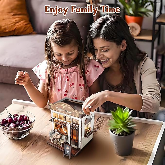 DIY Miniature House Kit, Coffee Shop Book Nook Kit, Mini Building Kit, Dollhouse Kit for Adults and Teens, 3D Wooden Puzzles with LED Light, Craft Kit for Family and Friends(Retro Coffee Shop)