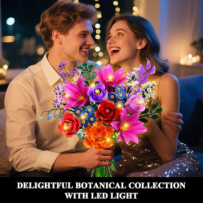 Flowers Bouquet Building Set with LED Light, 21 Flower Botanical Collection Building Block Toy, Rose Lily Plants Home Office Decor 1054PCS, for Her Adults Women Kids Girls 12+ (RED)