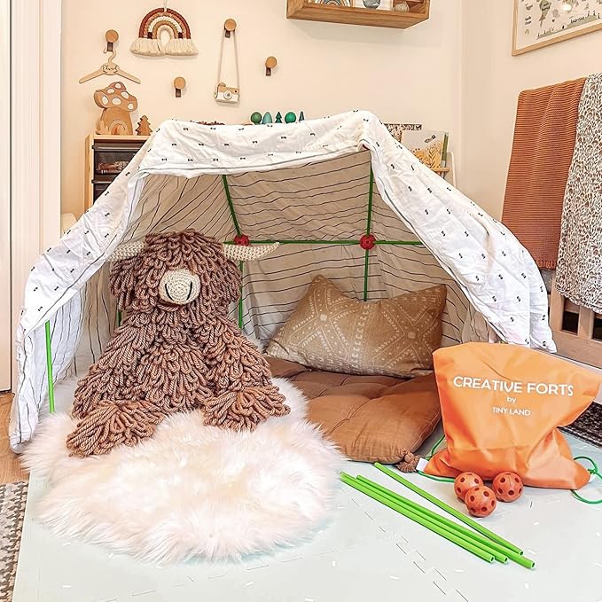Tiny Land Kids-Fort-Building-Kit-80 Pieces-Creative Fort Toy for 5,6,7,8 Years Old Boy & Girls-STEM Building Toys DIY Castles Tunnels Play Tent Rocket Tower Indoor & Outdoor Playhouse