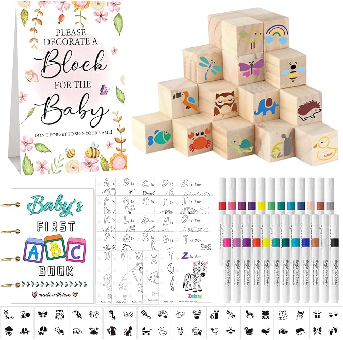 146 Pcs Baby Shower Game Sign Set Includes Decorative Square 56 DIY Blank Wooden Blocks 24 Paint Markers 27 Page Baby‘s First ABC Book (Flower)