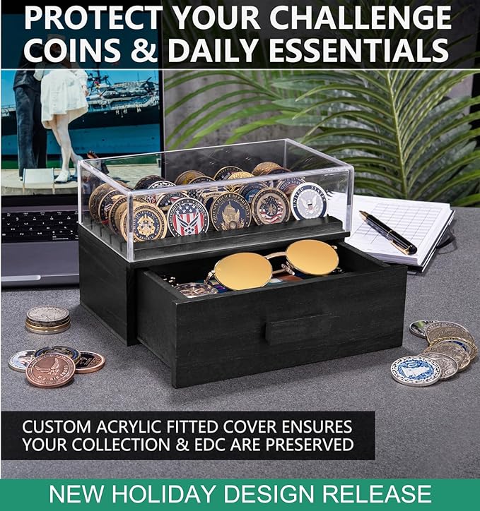 Black Wooden Challenge Coin Display Case with Clear Cover - Medium Military Coin Display Case Holds 20 Coins on Top & 16 in The Storage Drawer - Versatile Coin Stand Holder & Poker Chip Display Case