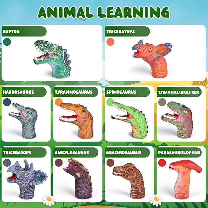 Fun Little Toys 10 Pcs Dinosaur Head Finger Puppets, Best Choice for Party Favors, Stocking Stuffers, Pinata Fillers and Goodie Bag Fillers