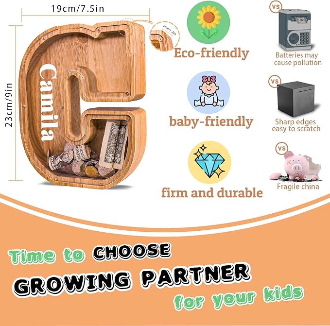 Wooden Letter Piggy Bank for Kids Larger Letter Piggy Bank for Boys and Girls Personalized Piggy Bank Initial Coin Bank Wood Kids Money Bank for Birthday and Festival