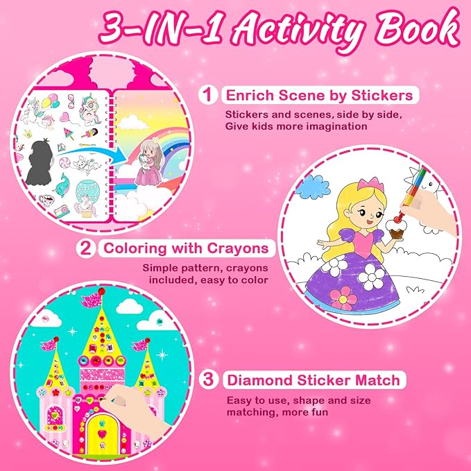 ZMLM Princess & Unicorns Art Crafts for Kids Toddler, 3-in-1 DIY Creative Sticker Coloring Activity Book for Ages 3 4 5 6 7 8 Year Old Girls Birthday Gifts Toys Game Travel Essentials Kit